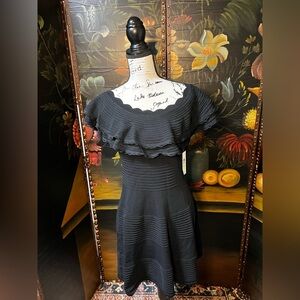 Eliza J black off shoulder ruffle knit knee length sheath stretch dress (D3)